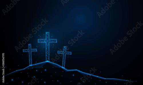 Abstract glowing blue cross. Crucifixion Of Jesus Christ. Low polygon, particle, and triangle style design.Wireframe light connection structure.concept religion, Christian worship, easter day, praying