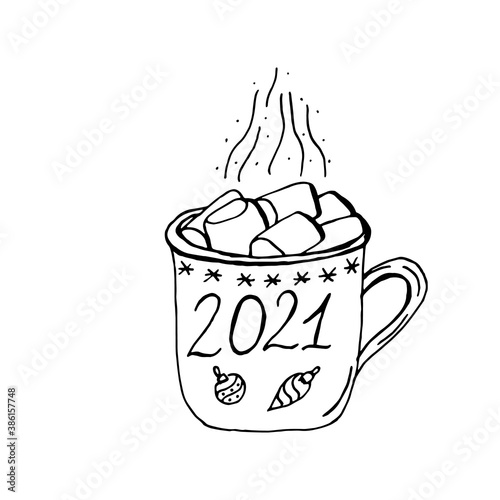 Hot drink with marshmallows in a cup with snowflakes. Hot winter drink. Vector.