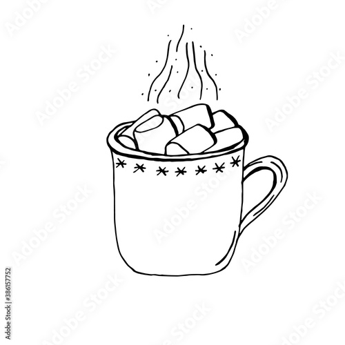 Hot drink with marshmallows in a cup with snowflakes. Hot winter drink. Vector.