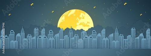 Cityscape at night, building with full moon, star and cloud, paper art style