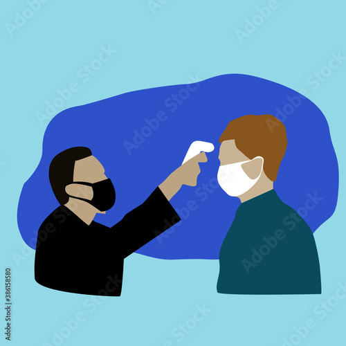 Male security use an Infrared thermometer equipment to check the temperature on man forehead for coronavirus symptoms checking