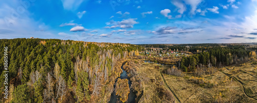 180 panorama with a forest and a river in the vicinity of Tomsk on an autumn day