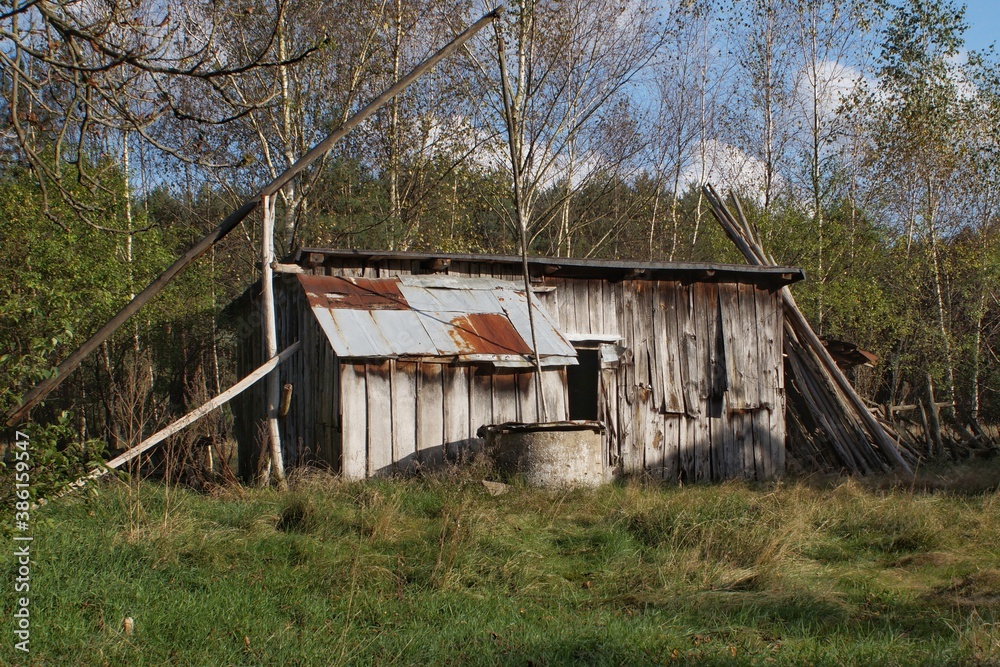 Fototapeta premium an old well next to an abandoned wooden shed with a forest in the background