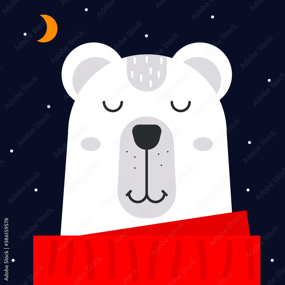 Polar bear. Cute animal sleeping at night. Winter kids greeting card. Vector illustration