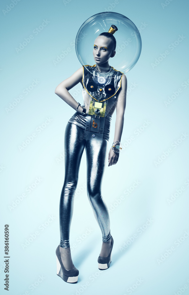 cyborg woman in cold silver suit and helmet cyborg woman in cold silver suit and helmet