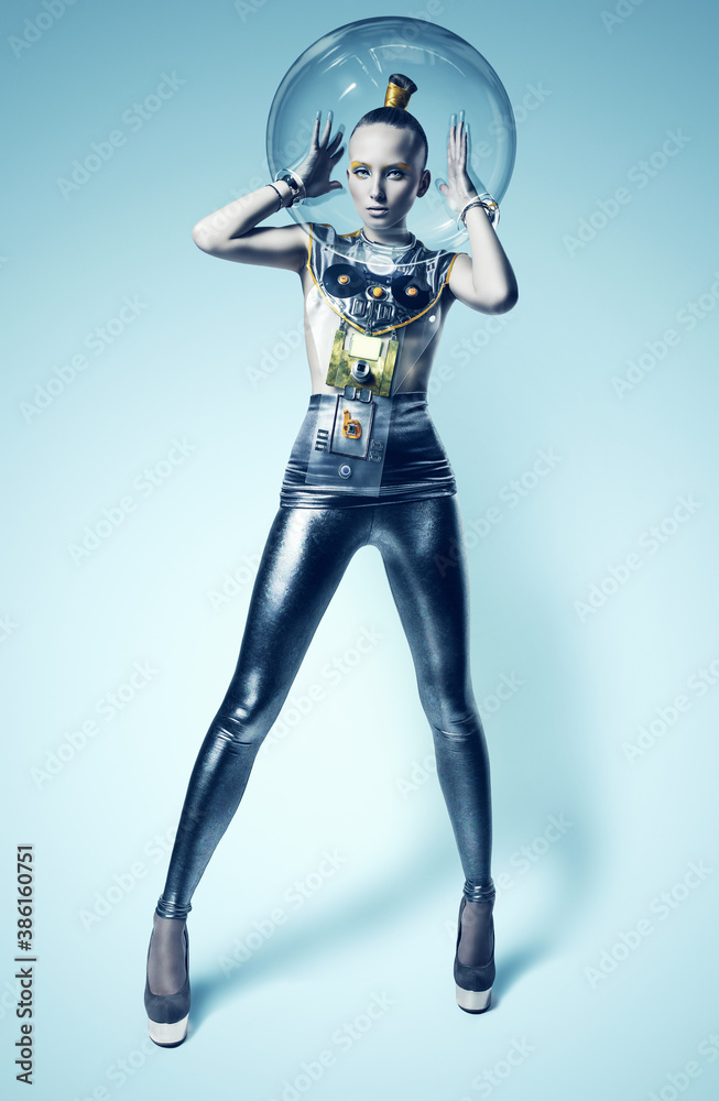 cyborg woman in silver suit with hands inside of helmet cyborg woman in silver suit with hands inside of helmet