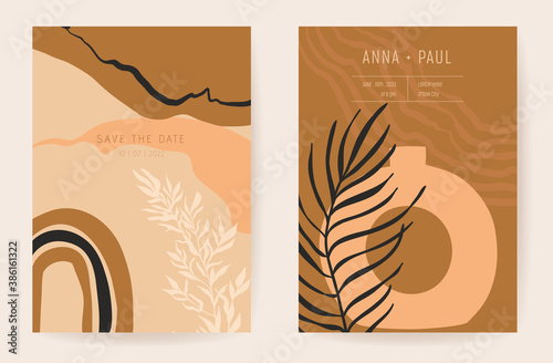 Watercolor boho invitation template, Wedding vector artistic card. Elegant wall modern geometric decoration background