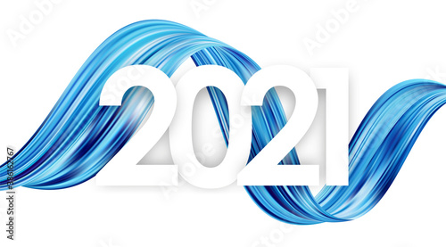 Happy New Year 2021. Template of Greeting card with blue abstract twisted acrylic paint stroke shape. Trendy design