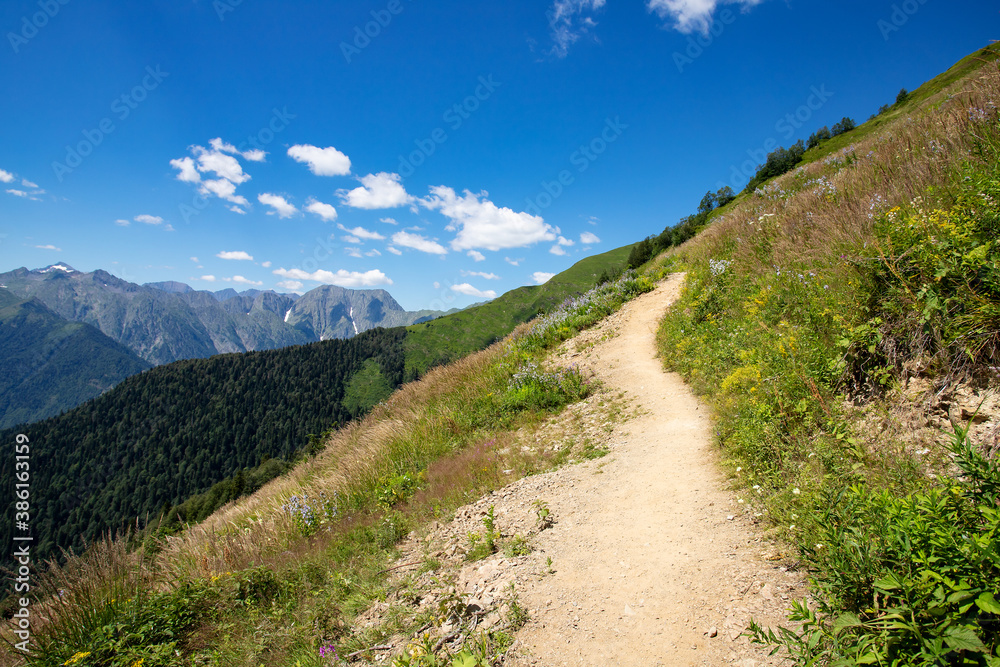 Landscape a path leading into the mountains at the top of the meadows