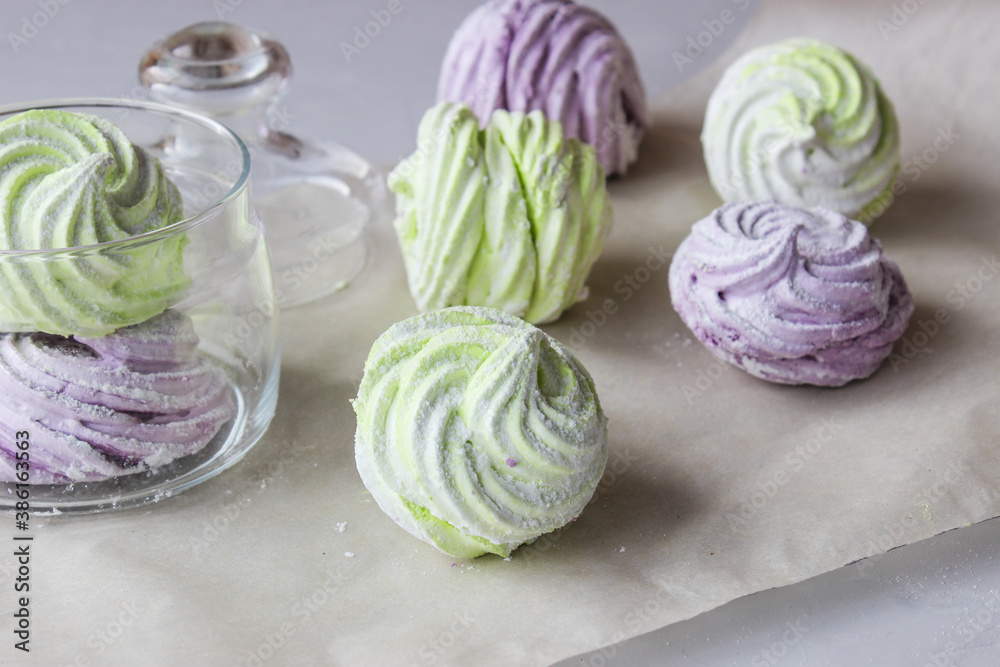 Homemade marshmallows in green and purple Homemade marshmallows in green and purple