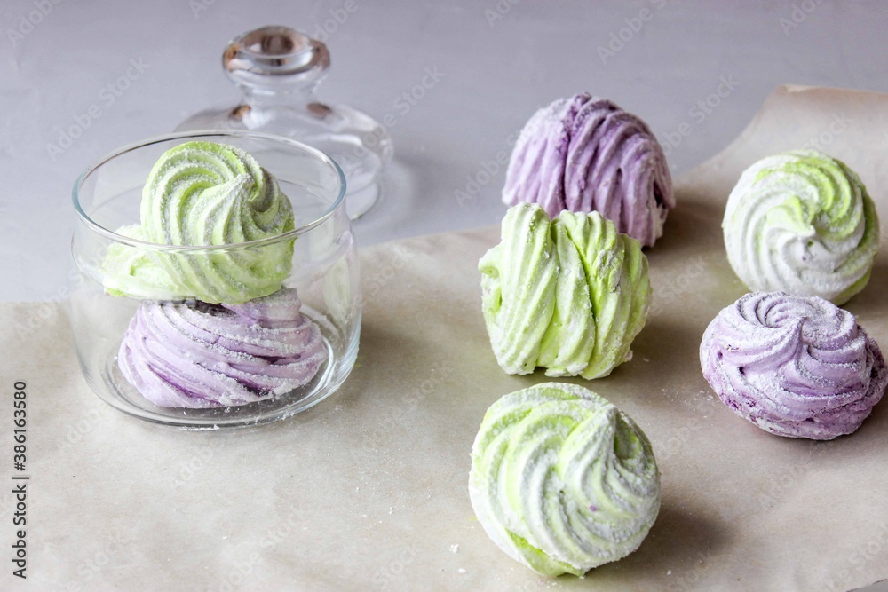 Fototapeta premium Homemade marshmallows in green and purple