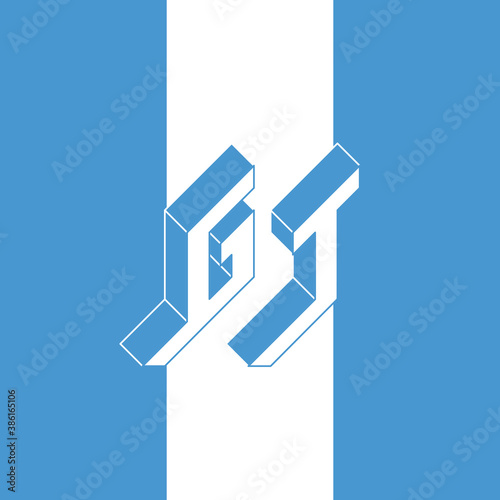GT - international 2-letter code or National domain of Guatemala. G and T - Monogram or logotype. Isometric 3d font for design. Three-dimension letters.