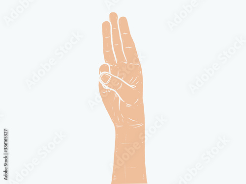 tree fingers salute for scout, fighting for their rights, hand pointing three fingers linear style. Simple doodle hand drawn style.