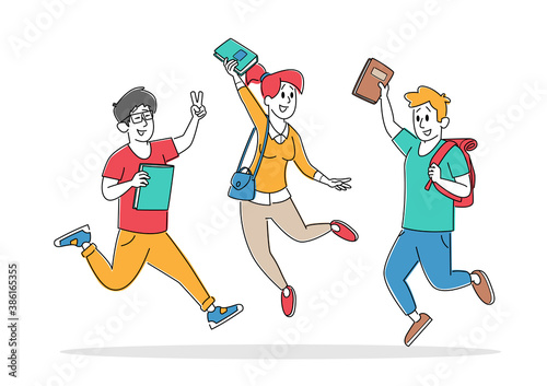 Pupils Characters with Backpacks Rejoice with Hands Up Jumping in Row. Group of Students Come to School to Get Education