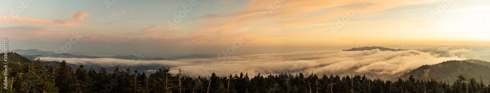 Panorama view of misty hills in smoky mountains national park at morning sunrise