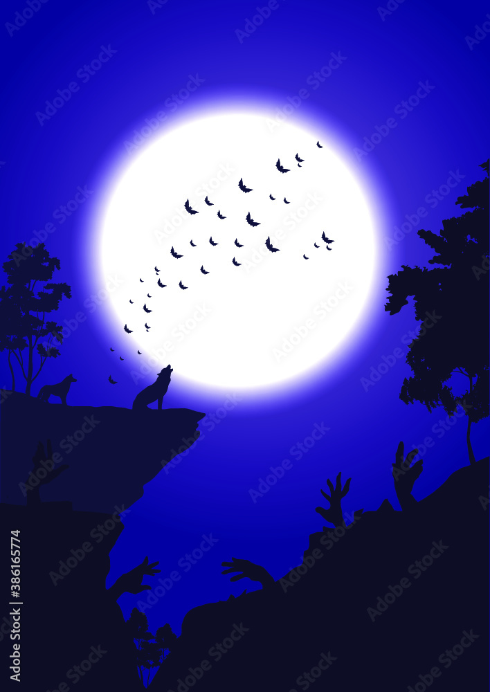 Halloween background with a wolf howling to the moon and rising zombies, vector illustration