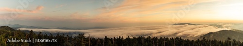 Panorama view of misty hills in smoky mountains national park at morning sunrise