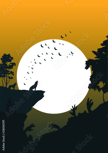 howling wolf vector Halloween background with bats and moon