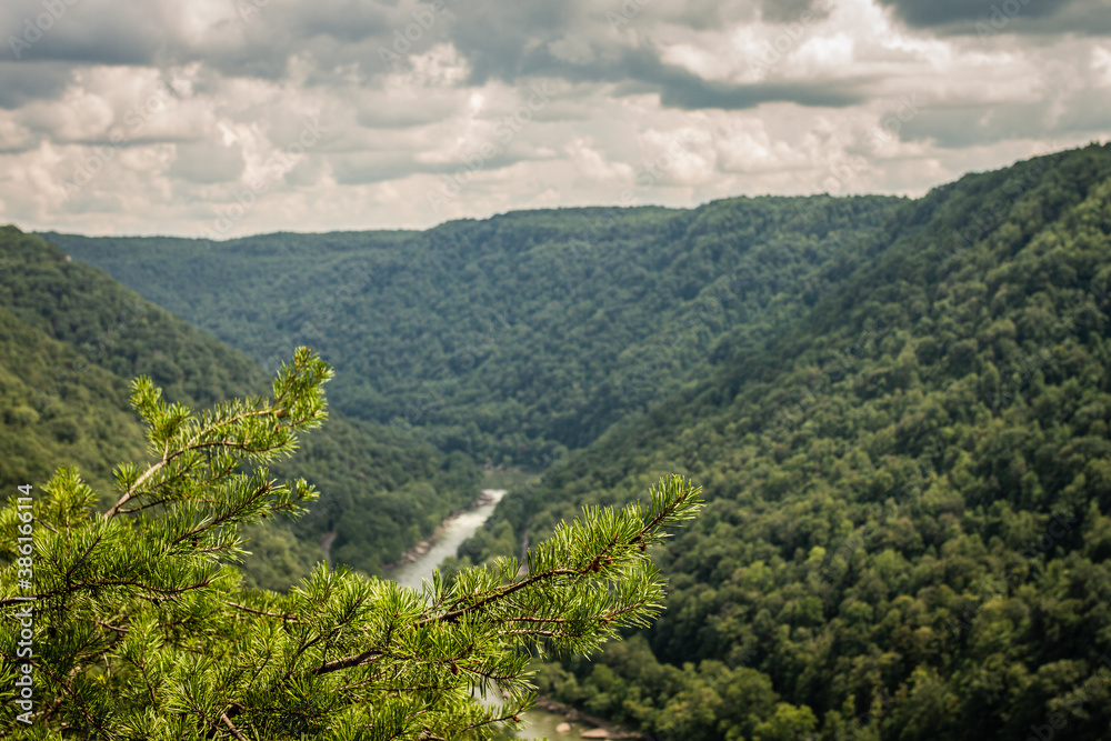 View on New River in valley of Appalachian mountains in West Virginia
