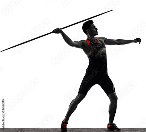 one young caucasian athlete man practicing Javelin athletics in studio isolated on white background