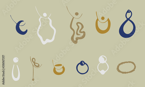 Vector jewelry accessories. Hand drawn doodle illustration of fashionable objects. Female clothing elements. Simple abstract drawing