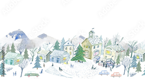Seamless border of a winter town with Christmas tree. House,park,mountain,snowflakes and lake. Watercolor hand drawn illustration.White background. 