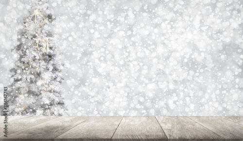 Background decorated christmas and snow ,wooden floor used for display or montage products.