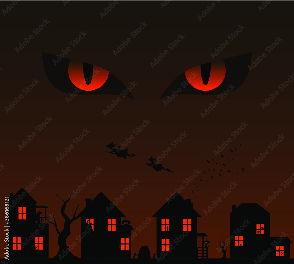 cursed Halloween night vector illustration.  eyes of the demon in the dark sky above the dead town with zombies, witches nd vampires