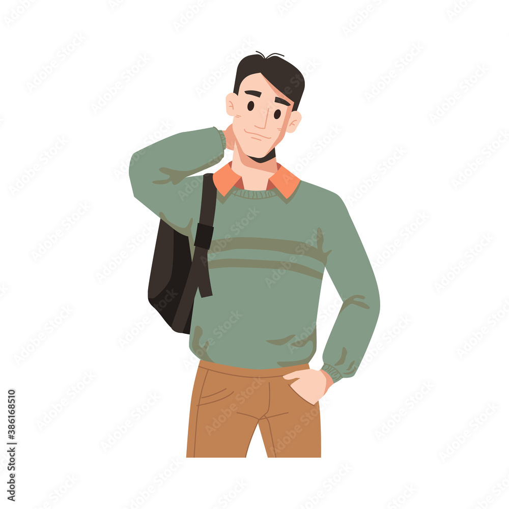 Man in sweater and beige jeans with backpack isolated college or university student. Vector urban guy, caucasian american businessman in casual cloth, handsome male character flat cartoon portrait