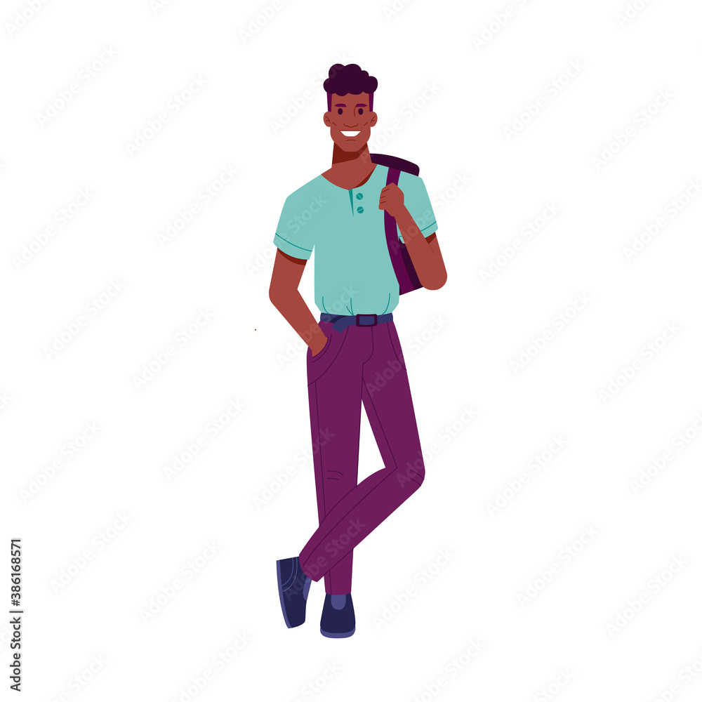 African American man with broad white smile, handsome person with backpack isolated college or university student. Vector male in casual cloth, multicultural urban guy with sexy toothy smile
