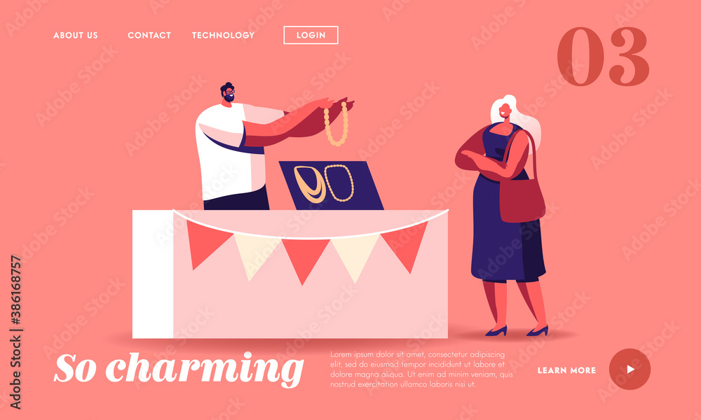 Handmade Craft Landing Page Template. Female Character Choose Bijouterie on Market. Man Seller Hold Beads Made of Amber Handmade Craft Landing Page Template. Female Character Choose Bijouterie on Market. Man Seller Hold Beads Made of Amber