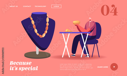 Jeweler Male Character in Workshop Making Jewelry of Amber Landing Page Template. Goldsmith Workplace with Mannequin