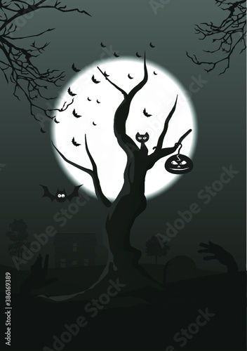 Halloween illustration of a cursed cat sitting on the dead tree under full moon and zombies crawling out of graves, vector background 
