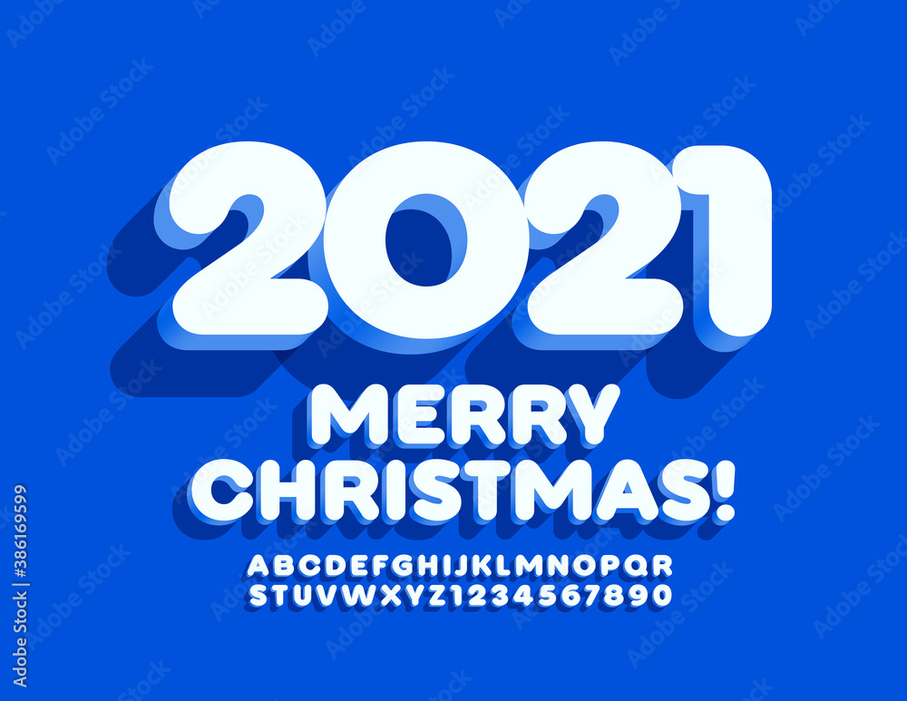 Vector greeting card Merry Christmas 2021! Trendy 3D Font. Modern Alphabet Letters and Numbers set Vector greeting card Merry Christmas 2021! Trendy 3D Font. Modern Alphabet Letters and Numbers set