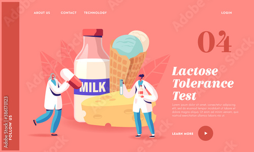 Lactose Intolerance Landing Page Template. Tiny Doctor Characters with Huge Pills Treat Allergy on Dairy Production