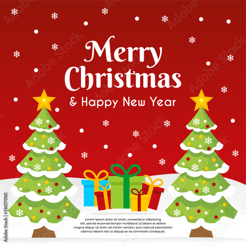 Merry Christmas and Happy New Year Banner template with Christmas tree and gift box with red background