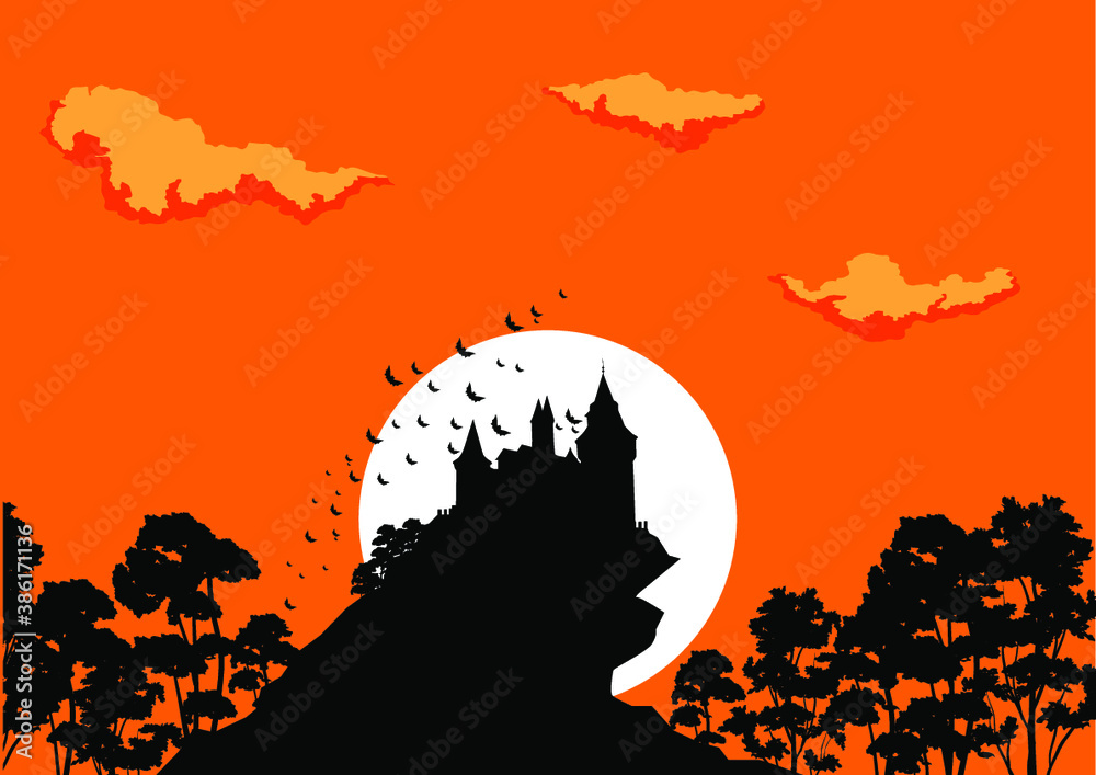 silhouette of vampire castle on the cliff in the woods, vector Halloween illustration