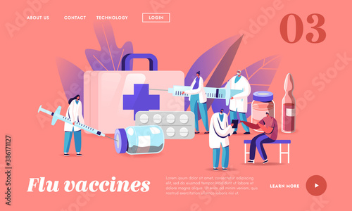 Health, Vaccination Landing Page Template. Tiny Doctor Characters Prepare Huge Syringe for Injection in Medical Cabinet