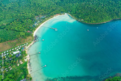 Aerial view sea shore white sand beach with coconut palm tree