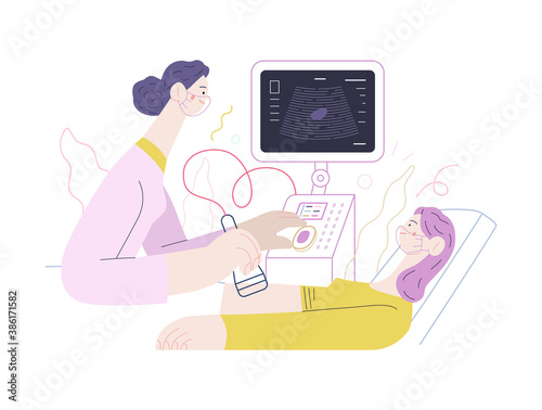 Medical tests illustration - ultrasound - modern flat vector concept digital illustration of ultrasonography procedure -doctor examing patient pregnant woman with scanner, medical office or laboratory