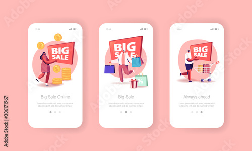 Online Big Sale Mobile App Page Onboard Screen Template. Tiny Characters with Bags, Special Shopping Offer Promotion