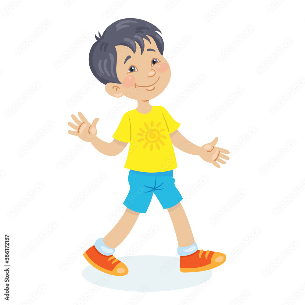 Happy little Asian boy is walking. In cartoon style. Isolated on white background. Vector flat illustration. Happy little Asian boy is walking. In cartoon style. Isolated on white background. Vector flat illustration.