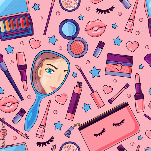 Vector seamless pattern with cosmetics in cartoon style. Cute background for a cosmetics store, banner for a website. Objects are isolated.