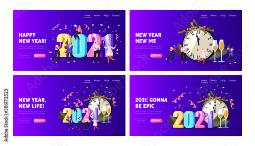 Winter Season Holidays, Corporate Event Celebration Landing Page Template Set. Tiny Characters Celebrate New Year 2021 © Sergii Pavlovskyi