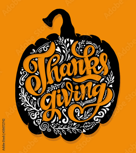 Happy ThanksGiving Day - cute hand drawn doodle lettering label. Give thanks. Be thankful.