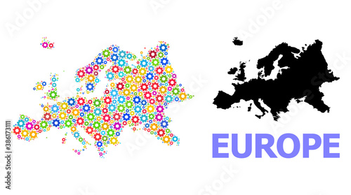 Vector mosaic map of Europe organized for engineering. Mosaic map of Europe is done with scattered multi-colored gears. Engineering components in bright colors.