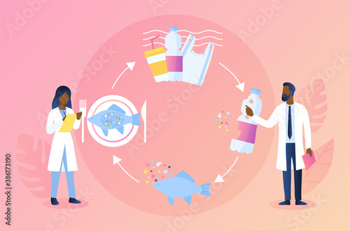 Pollution of the environment and the world s oceans with plastic waste concept. Animals and fish eat plastic particles and get on the table to the person. Flat cartoon vector illustration