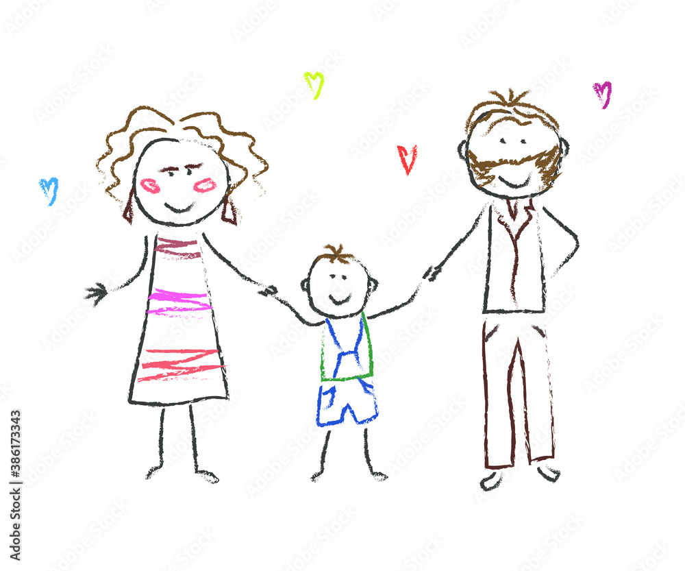 Happy family on a white background. Children's drawing. Vector illustration. Happy family on a white background. Children's drawing. Vector illustration.