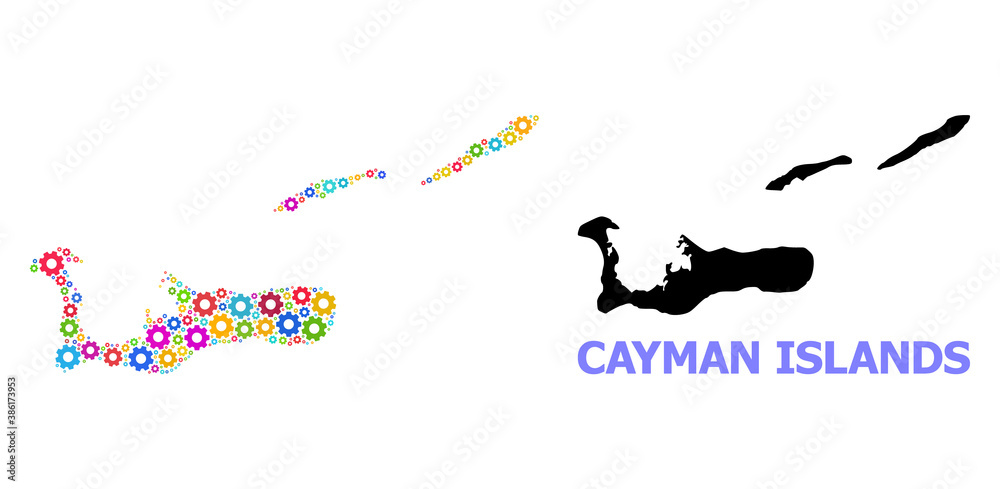 Vector collage map of Cayman Islands designed for engineering. Mosaic map of Cayman Islands is composed from random bright gear wheels. Engineering items in bright colors.