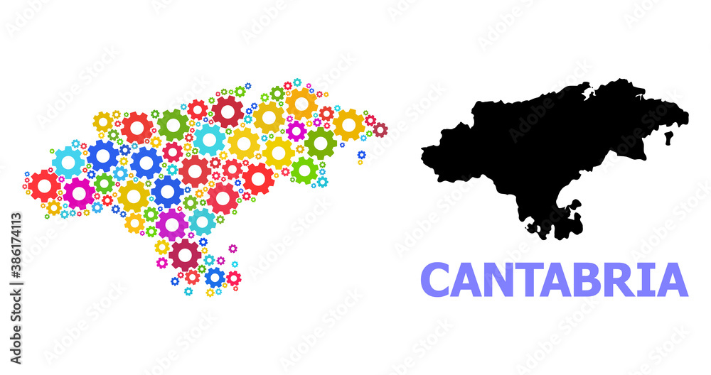 Obraz premium Vector collage map of Cantabria Province created for engineering. Mosaic map of Cantabria Province is created with random bright cogs. Engineering components in bright colors.
